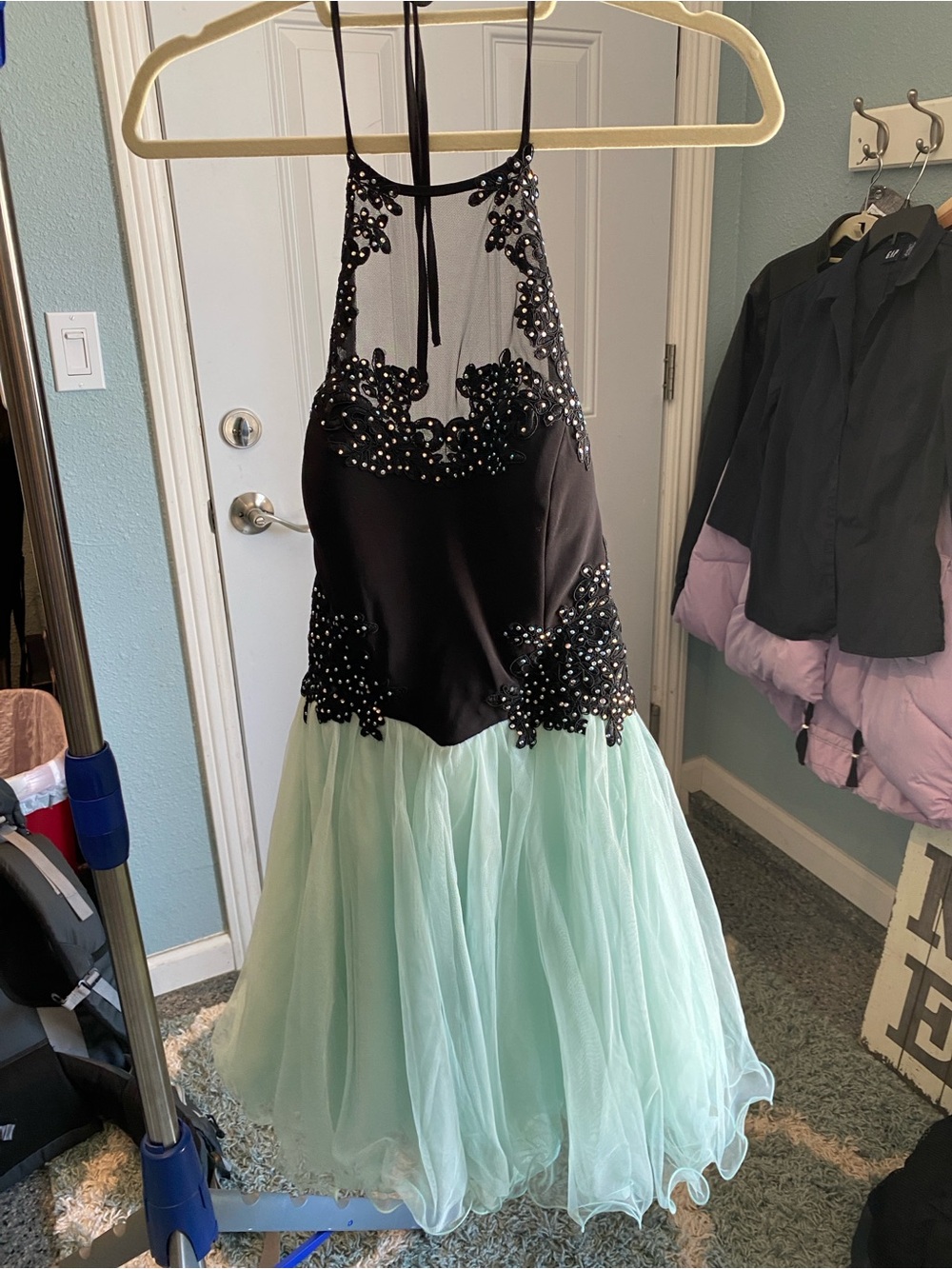 Blondie Nites Black Beaded Bodice Mint Tulle Formal Dress